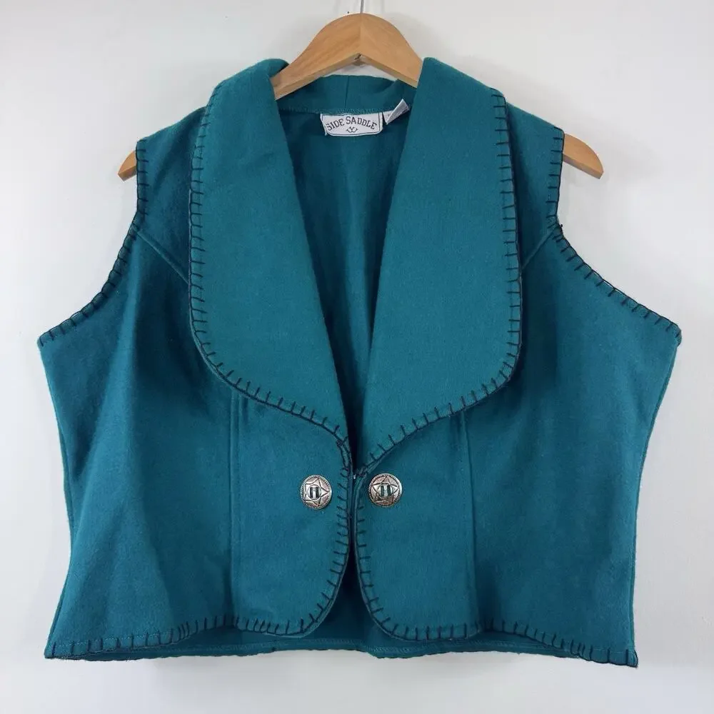 Women’s Vest 1X Vintage Turquoise Wool Blend Equestrian Country Cowboy 90s Teal